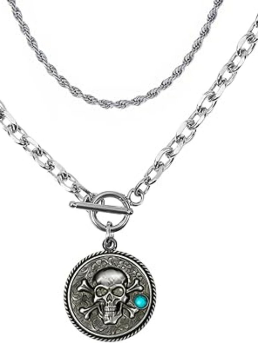 NEW Boho Skull Layered Necklace Silver with Turquoise Stone Goth‎ Punk Trendy